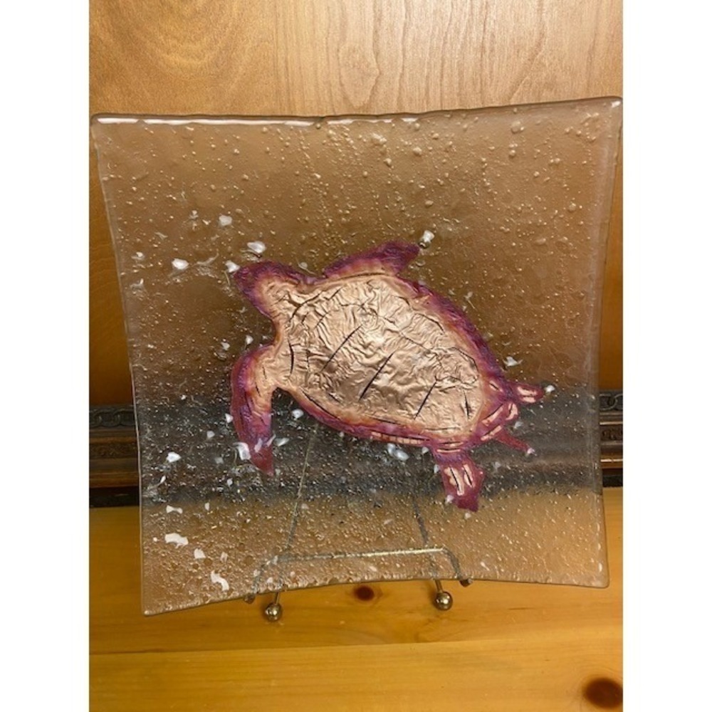 Jones Glasswork Fused Sea Turtle Square Platter Copper Purple Textured 12 Inch